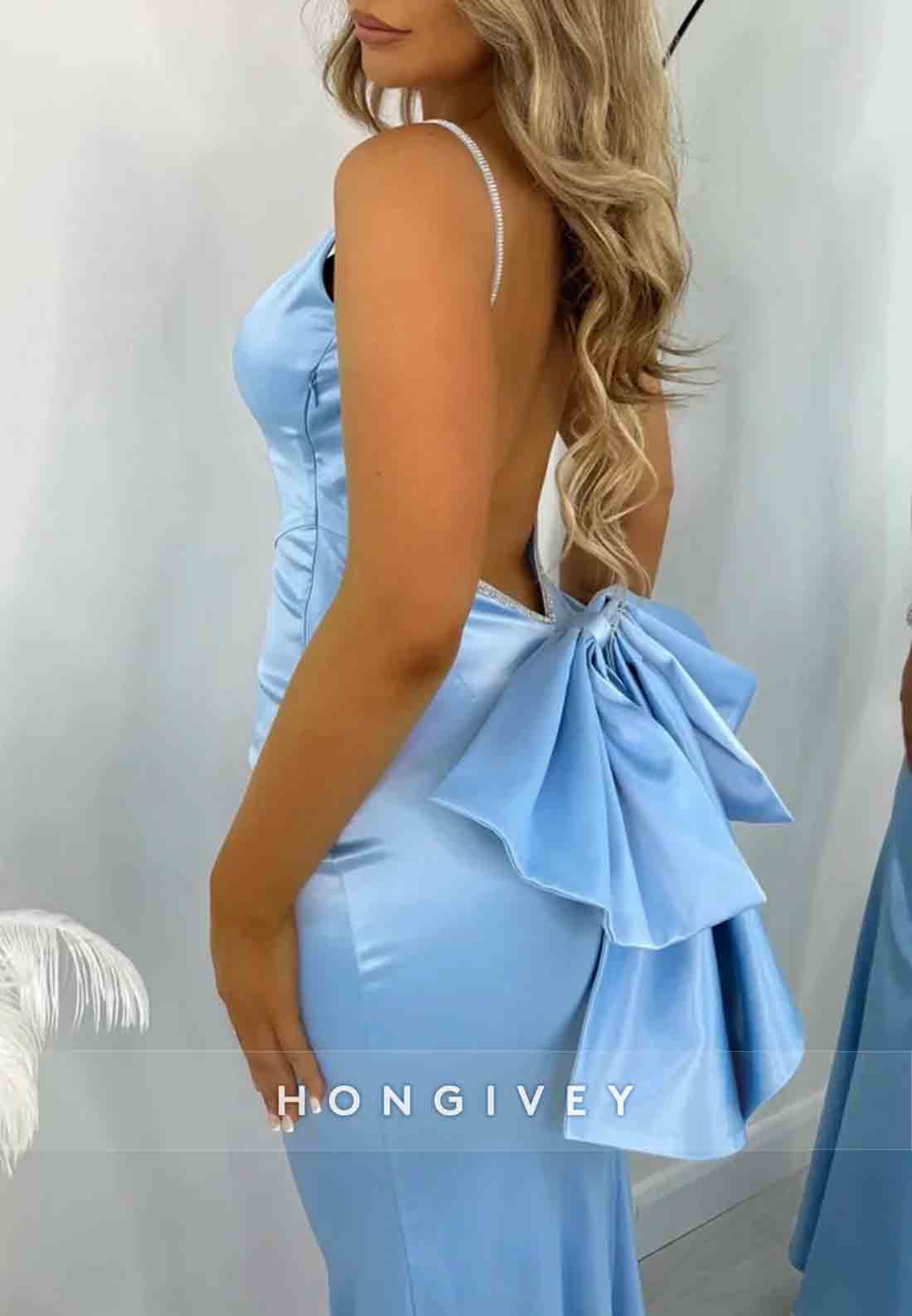 Gorgeous Backless Spaghetti Straps Pink Long Mermaid Prom Dress with Bowknot