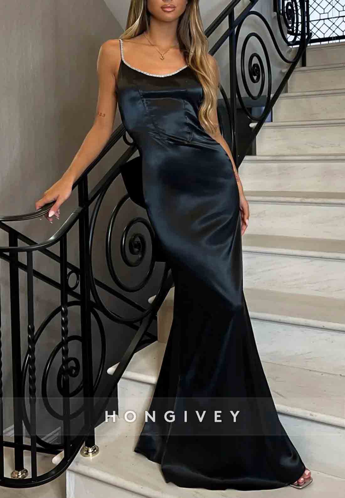 Gorgeous Backless Spaghetti Straps Pink Long Mermaid Prom Dress with Bowknot