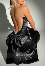 Gorgeous Backless Spaghetti Straps Pink Long Mermaid Prom Dress with Bowknot