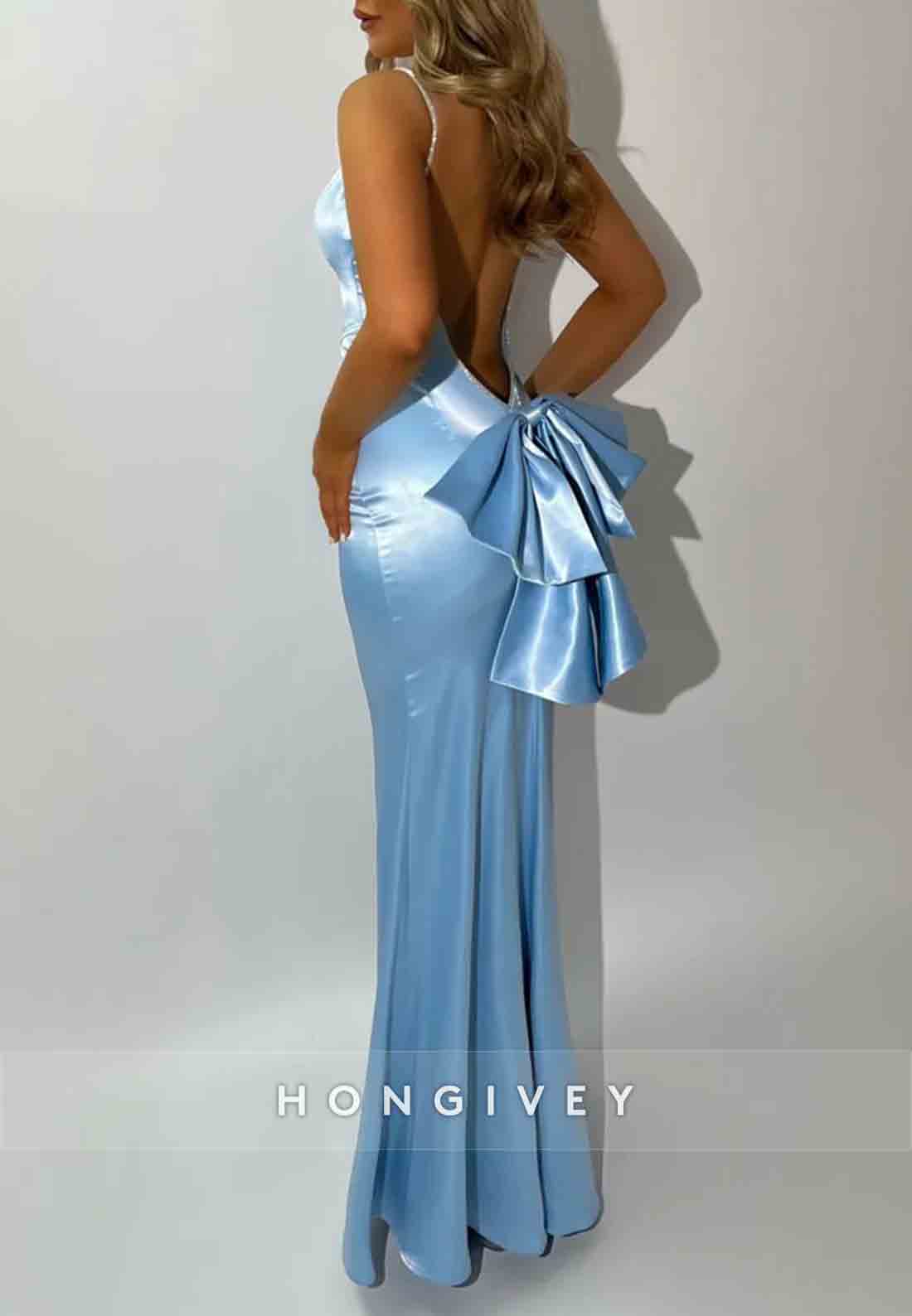Gorgeous Backless Spaghetti Straps Pink Long Mermaid Prom Dress with Bowknot