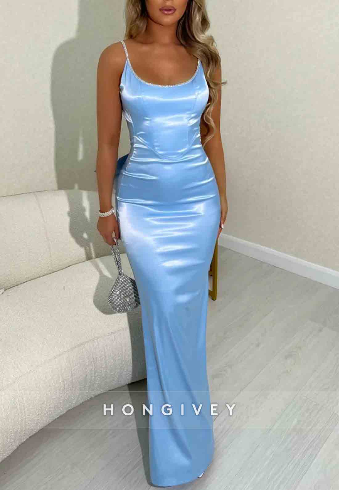 Gorgeous Backless Spaghetti Straps Pink Long Mermaid Prom Dress with Bowknot