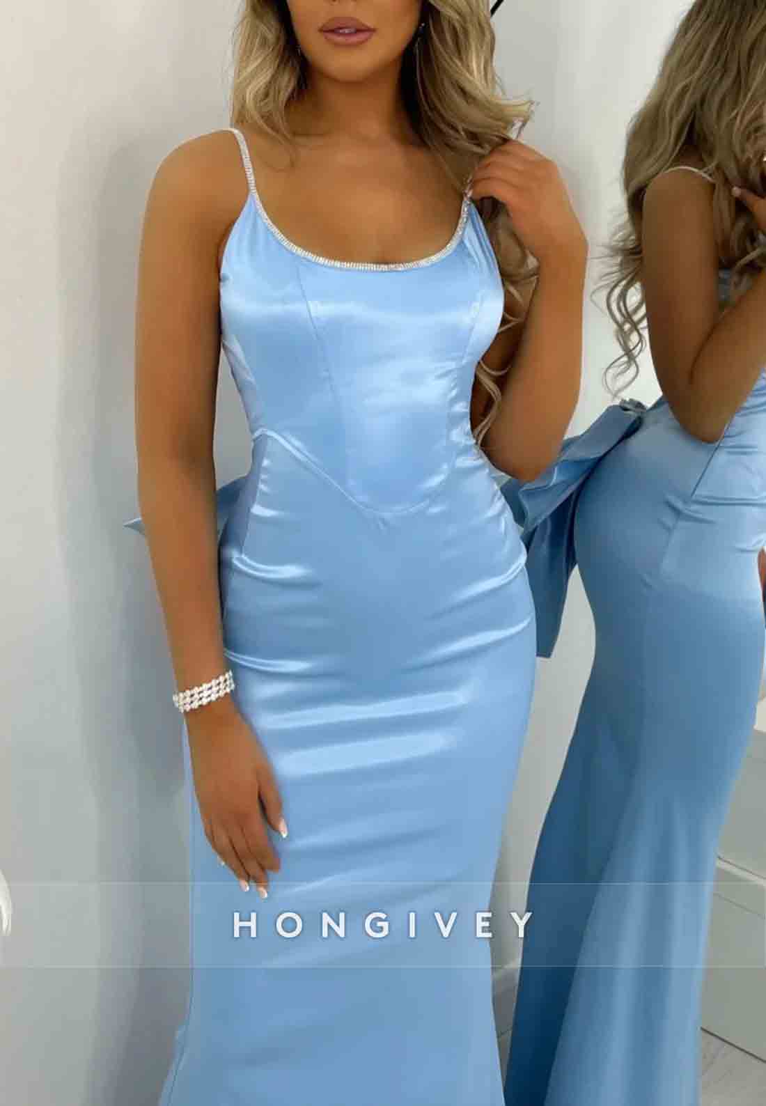 Gorgeous Backless Spaghetti Straps Pink Long Mermaid Prom Dress with Bowknot