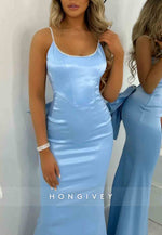 Gorgeous Backless Spaghetti Straps Pink Long Mermaid Prom Dress with Bowknot