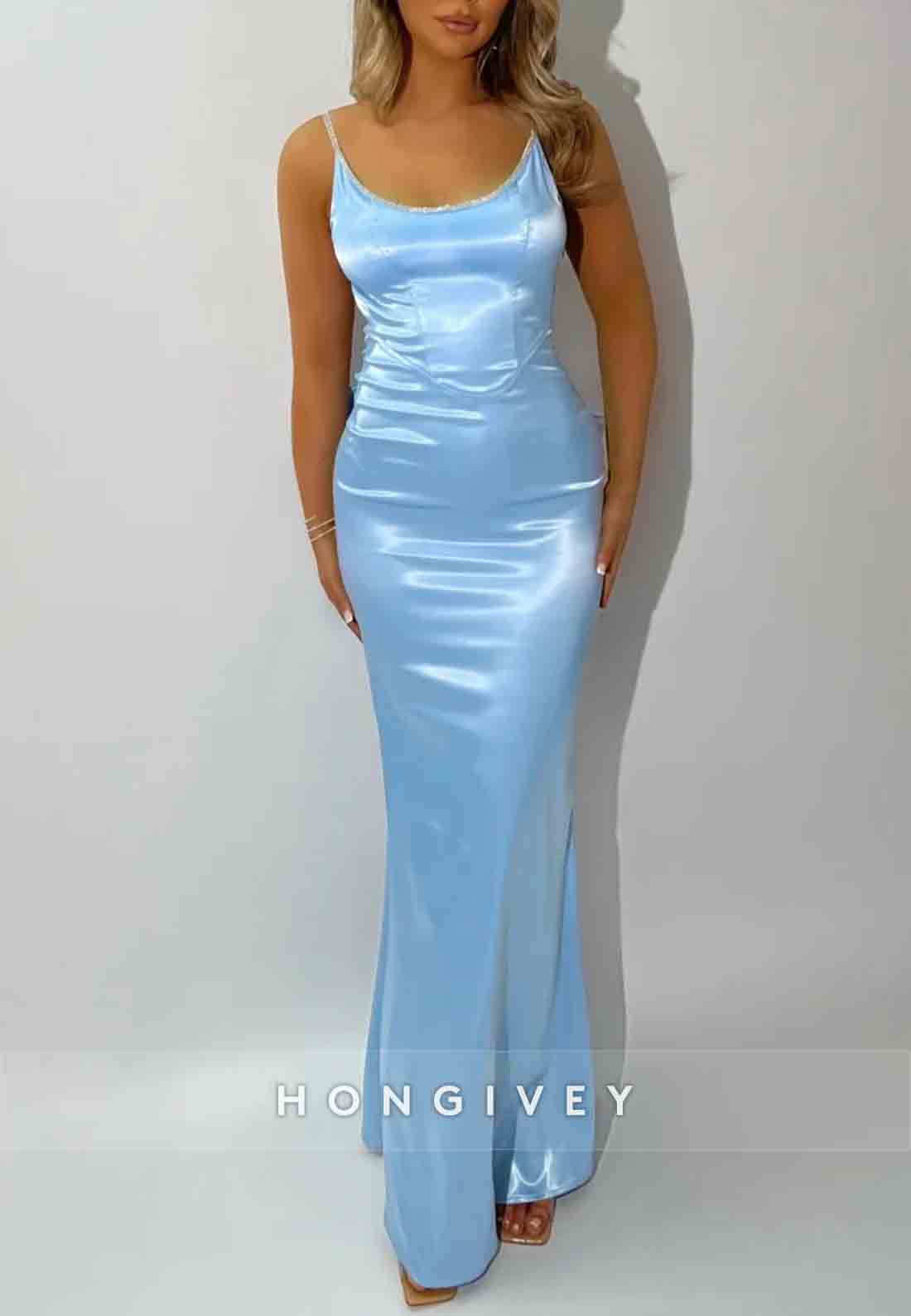 Gorgeous Backless Spaghetti Straps Pink Long Mermaid Prom Dress with Bowknot