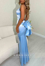 Gorgeous Backless Spaghetti Straps Pink Long Mermaid Prom Dress with Bowknot