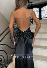 Gorgeous Backless Spaghetti Straps Pink Long Mermaid Prom Dress with Bowknot