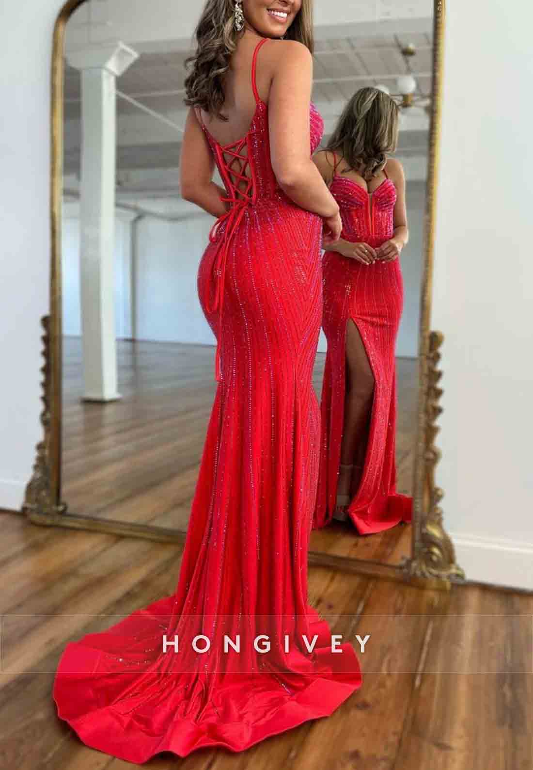 Gorgeous High Slit Spaghetti Straps Mermaid Tie Back Beaded Prom Dress