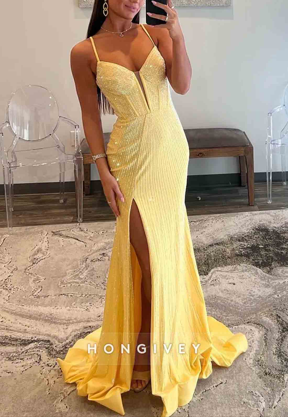 Gorgeous High Slit Spaghetti Straps Mermaid Tie Back Beaded Prom Dress