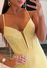 Gorgeous High Slit Spaghetti Straps Mermaid Tie Back Beaded Prom Dress