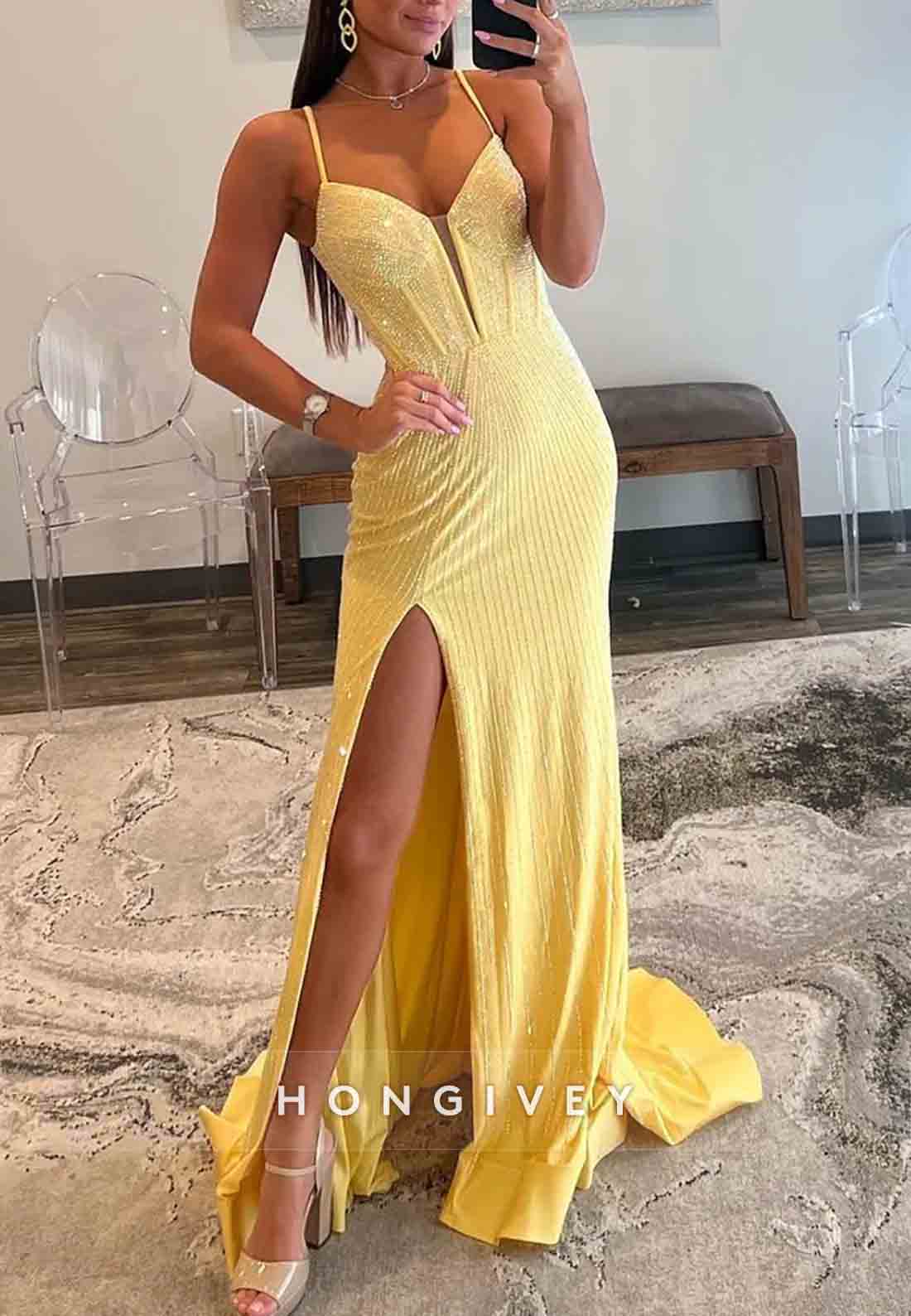 Gorgeous High Slit Spaghetti Straps Mermaid Tie Back Beaded Prom Dress