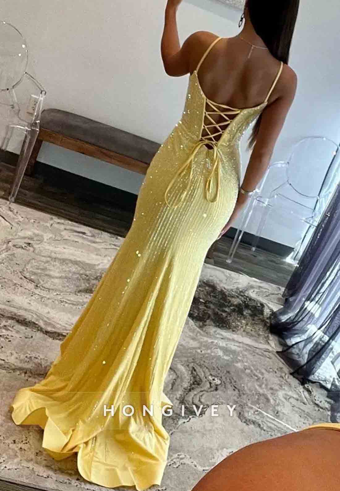 Gorgeous High Slit Spaghetti Straps Mermaid Tie Back Beaded Prom Dress
