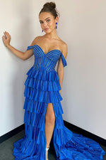 Gorgeous Royal Blue A-Line Off The Shoulder Long Beaded Prom Dress