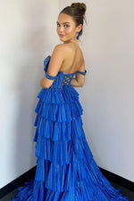 Gorgeous Royal Blue A-Line Off The Shoulder Long Beaded Prom Dress