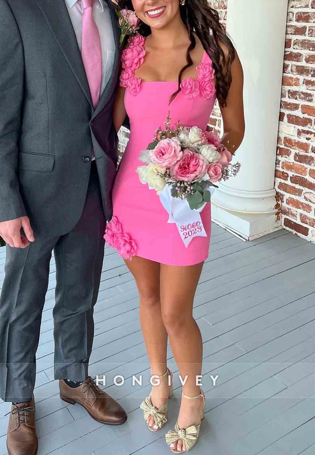 Gorgeous Sheath Square Neck Pink Short Homecoming Dress with 3D Flowers