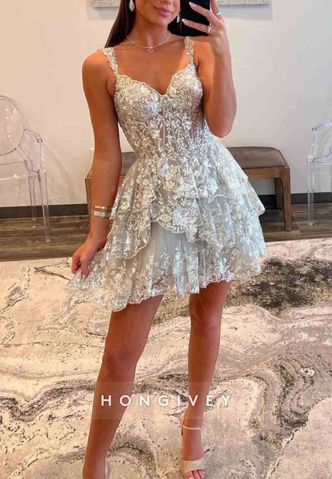 Sparkly Off The Shoulder A-Line Tiered Short Homecoming Dress With Appliques