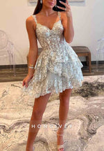 Sparkly Off The Shoulder A-Line Tiered Short Homecoming Dress With Appliques