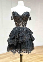 Sparkly Off The Shoulder A-Line Tiered Short Homecoming Dress With Appliques