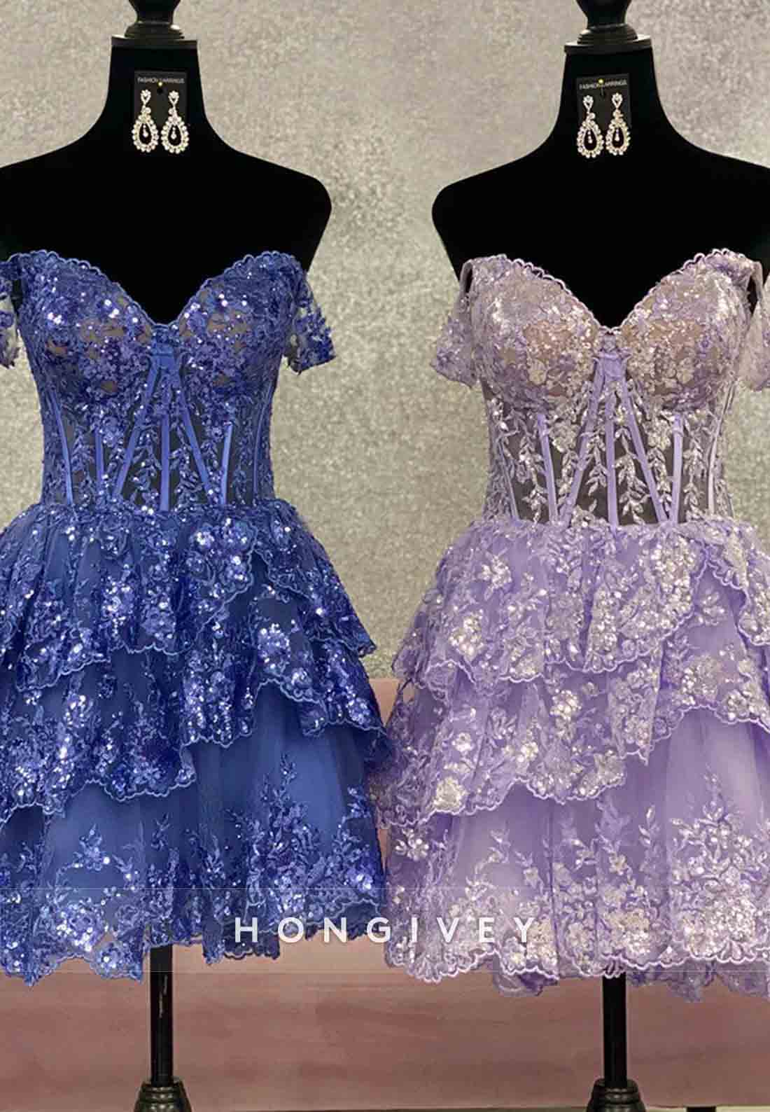 Sparkly Off The Shoulder A-Line Tiered Short Homecoming Dress With Appliques