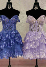 Sparkly Off The Shoulder A-Line Tiered Short Homecoming Dress With Appliques