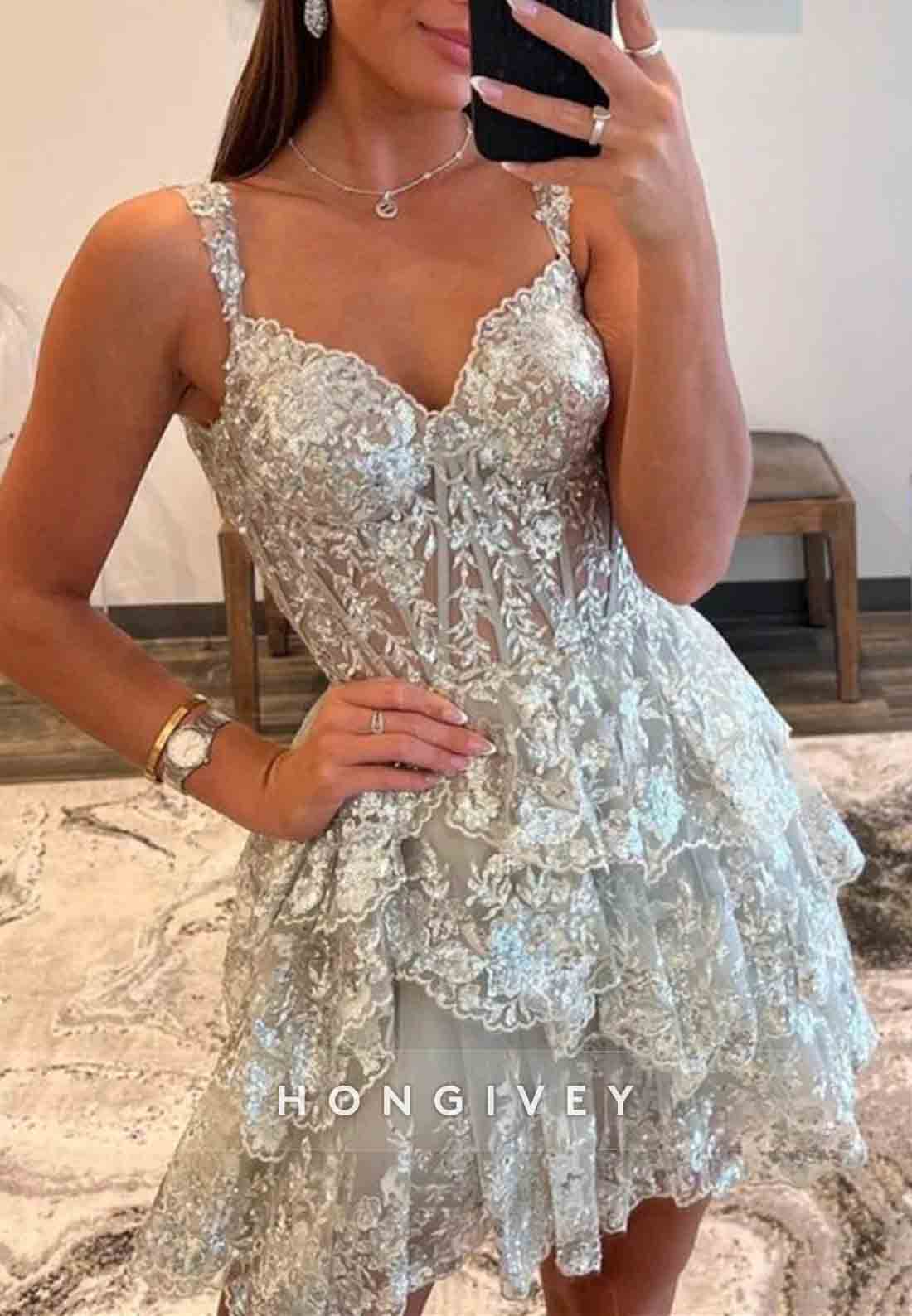 Sparkly Off The Shoulder A-Line Tiered Short Homecoming Dress With Appliques