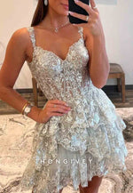 Sparkly Off The Shoulder A-Line Tiered Short Homecoming Dress With Appliques