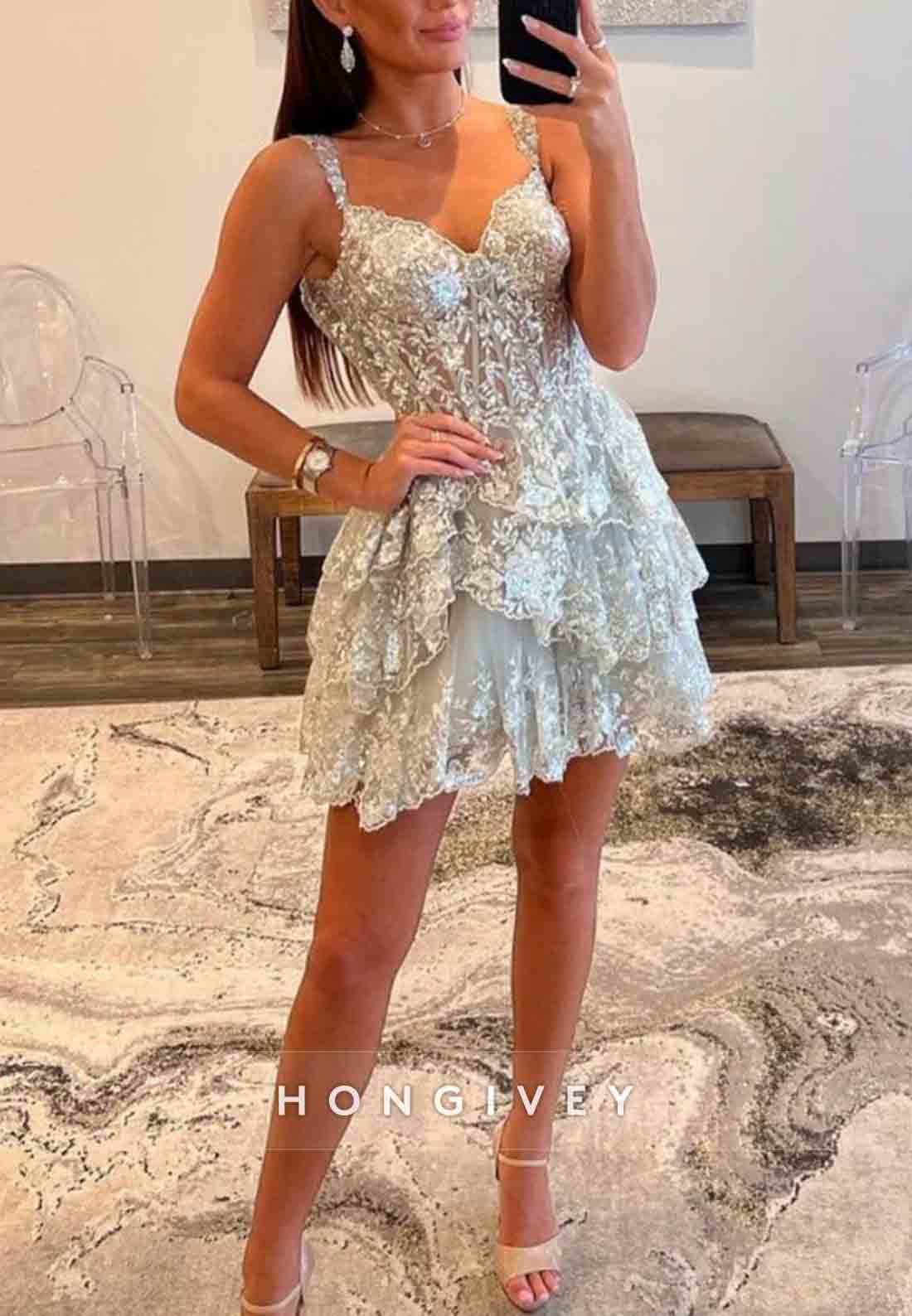 Sparkly Off The Shoulder A-Line Tiered Short Homecoming Dress With Appliques
