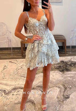 Sparkly Off The Shoulder A-Line Tiered Short Homecoming Dress With Appliques