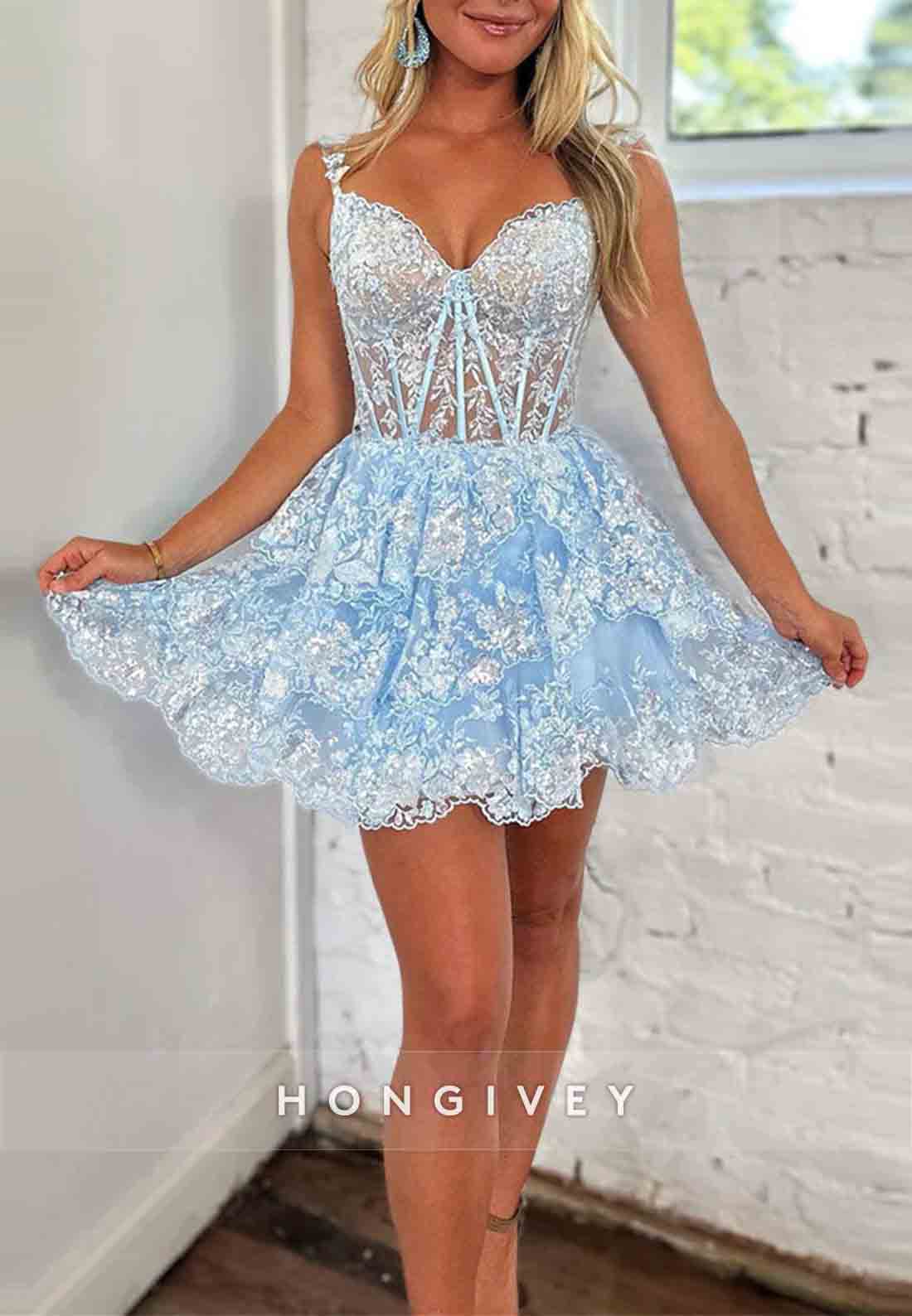 Sparkly Off The Shoulder A-Line Tiered Short Homecoming Dress With Appliques