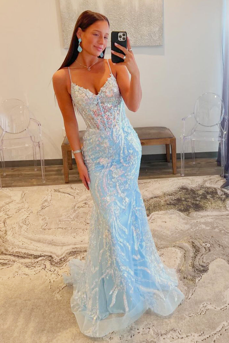 Gorgeous Light Blue Sequins Lace V Neck Long Prom Dresses VK23122802