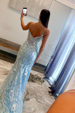 Gorgeous Light Blue Sequins Lace V Neck Long Prom Dresses VK23122802