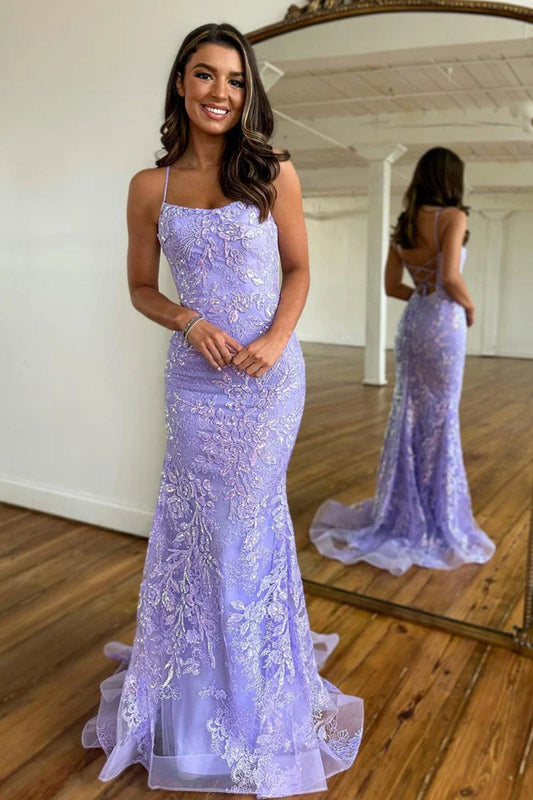 Gorgeous Mermaid Scoop Neck Lilac Sequin Lace Long Prom Dresses