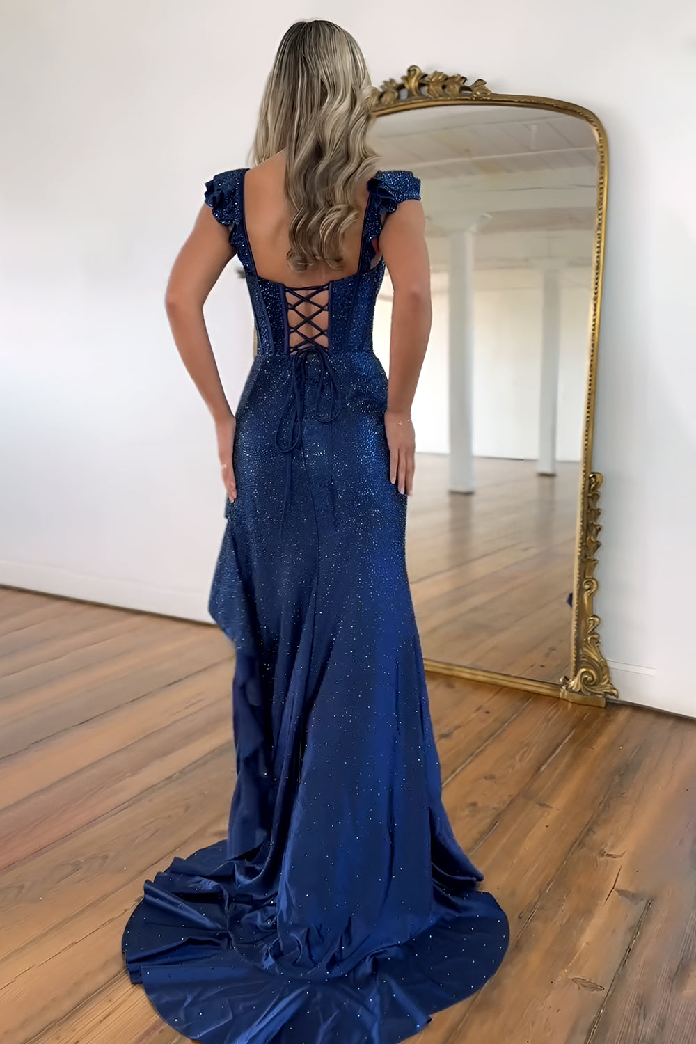 Stylish Glitter Mermaid Lace Up Long Beaded Prom Dress with Ruffles