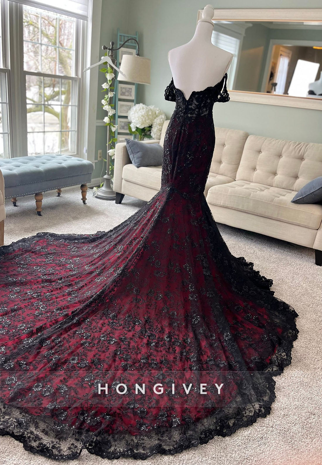 Black and Dark Red Wedding Gown with Cape See Through Mermaid Gown