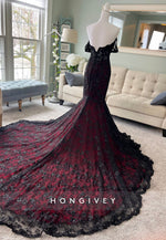 Black and Dark Red Wedding Gown with Cape See Through Mermaid Gown