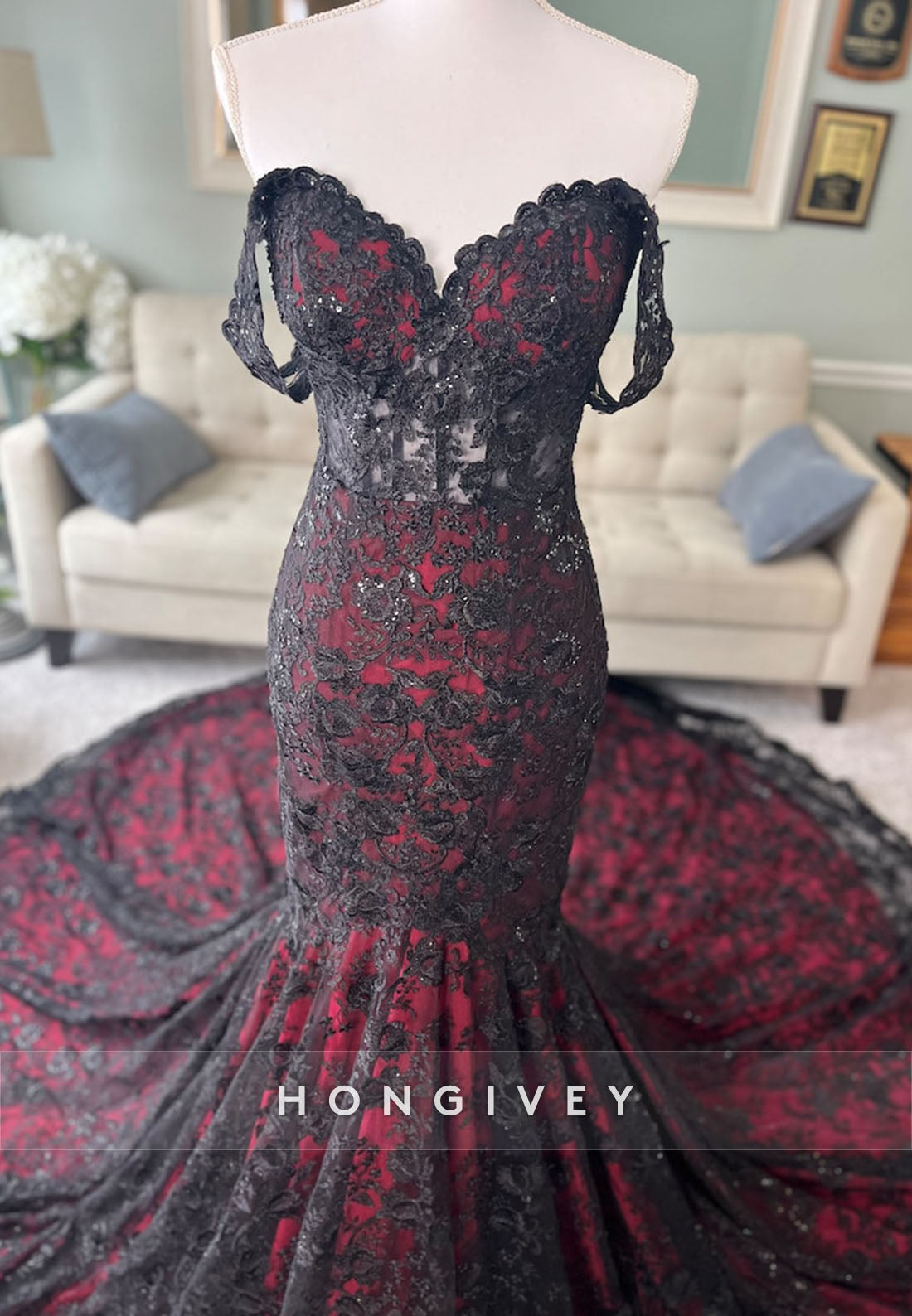 Black and Dark Red Wedding Gown with Cape See Through Mermaid Gown