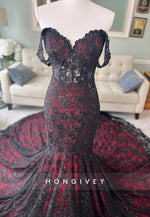 Black and Dark Red Wedding Gown with Cape See Through Mermaid Gown