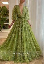 Green A-Line Evening Gowns with V-Neck Flutter Sleeves and Embroidery