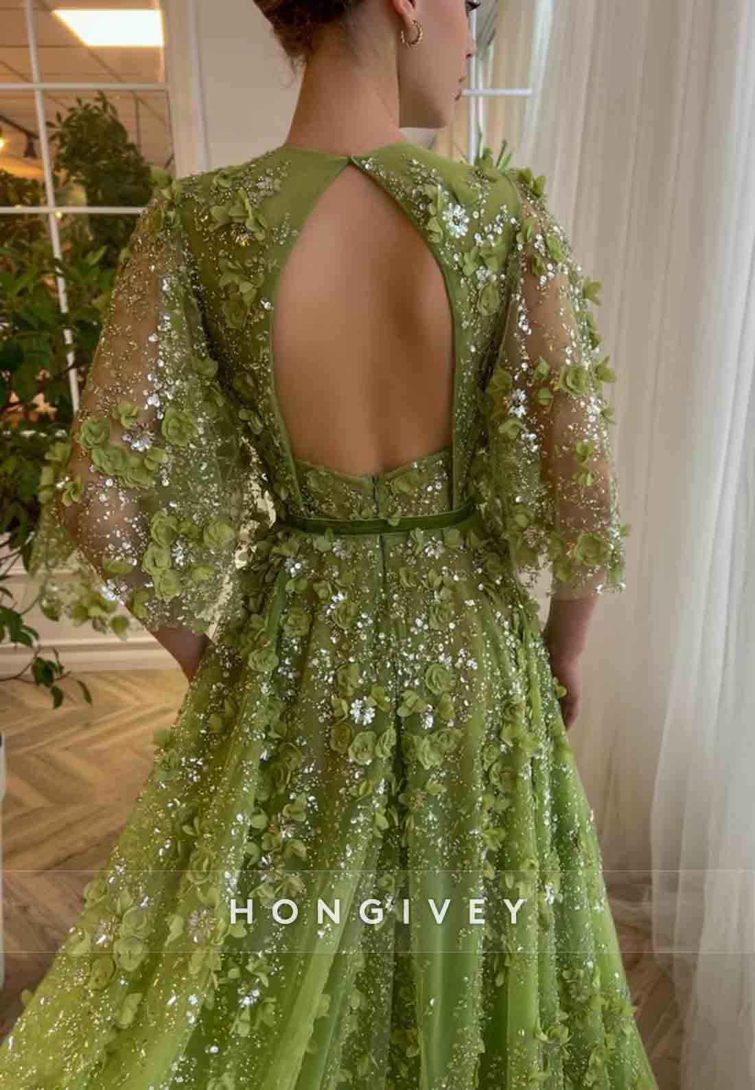 Green A-Line Evening Gowns with V-Neck Flutter Sleeves and Embroidery
