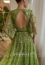 Green A-Line Evening Gowns with V-Neck Flutter Sleeves and Embroidery