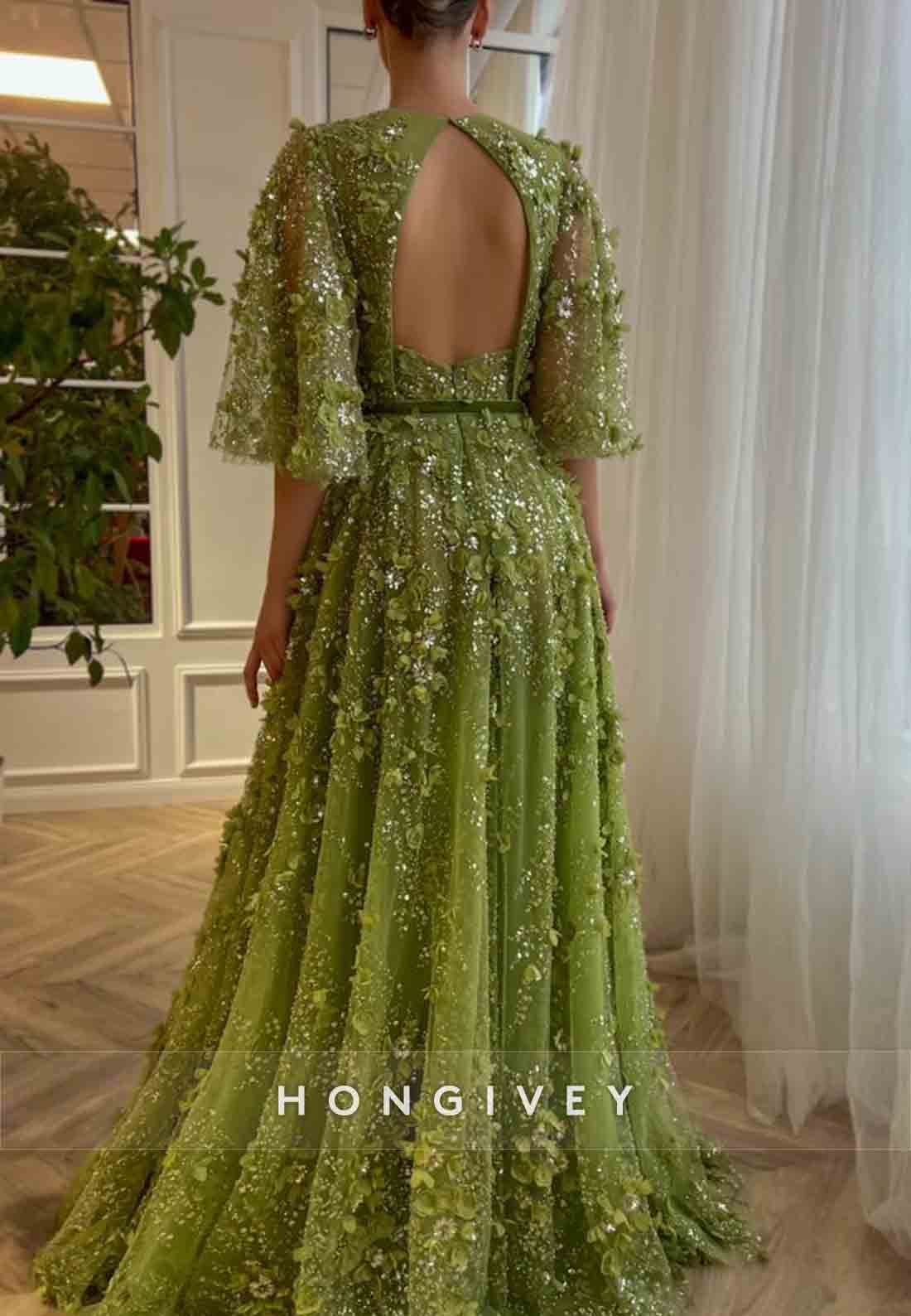 Green A-Line Evening Gowns with V-Neck Flutter Sleeves and Embroidery