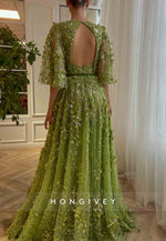 Green A-Line Evening Gowns with V-Neck Flutter Sleeves and Embroidery