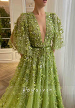 Green A-Line Evening Gowns with V-Neck Flutter Sleeves and Embroidery