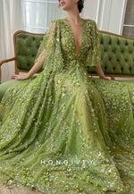 Green A-Line Evening Gowns with V-Neck Flutter Sleeves and Embroidery