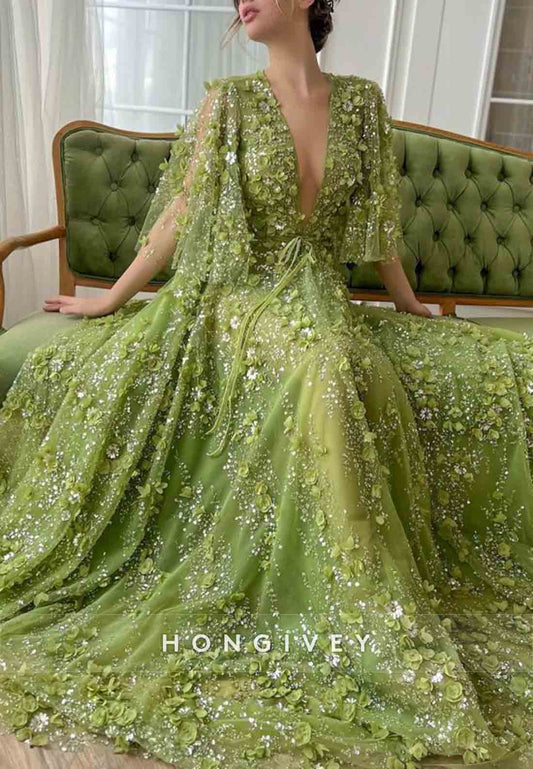 Green A-Line Evening Gowns with V-Neck Flutter Sleeves and Embroidery
