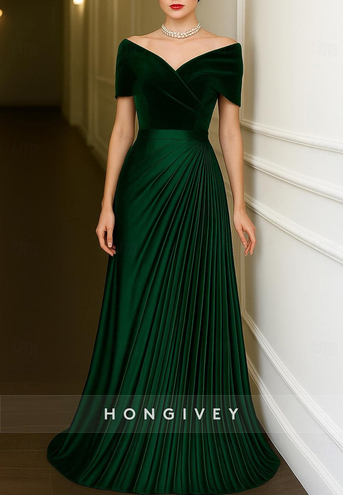 Velvet Off the Shoulder Short Sleeves A-Line Floor Length Evening Gown with Ruffles