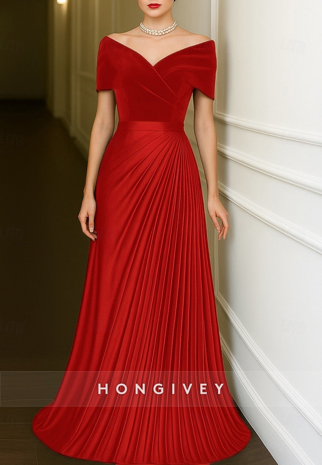 Velvet Off the Shoulder Short Sleeves A-Line Floor Length Evening Gown with Ruffles