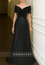 Velvet Off the Shoulder Short Sleeves A-Line Floor Length Evening Gown with Ruffles