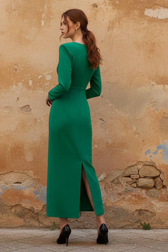 Green Classic Deep V Neck Long Sleeve Evening Dress