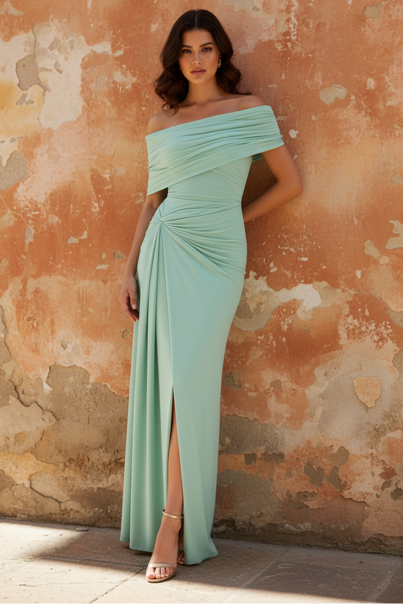 Green Ruched Off The Shoulder Sleeveless Side Slit Evening Dress