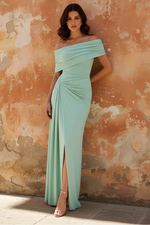 Green Ruched Off The Shoulder Sleeveless Side Slit Evening Dress